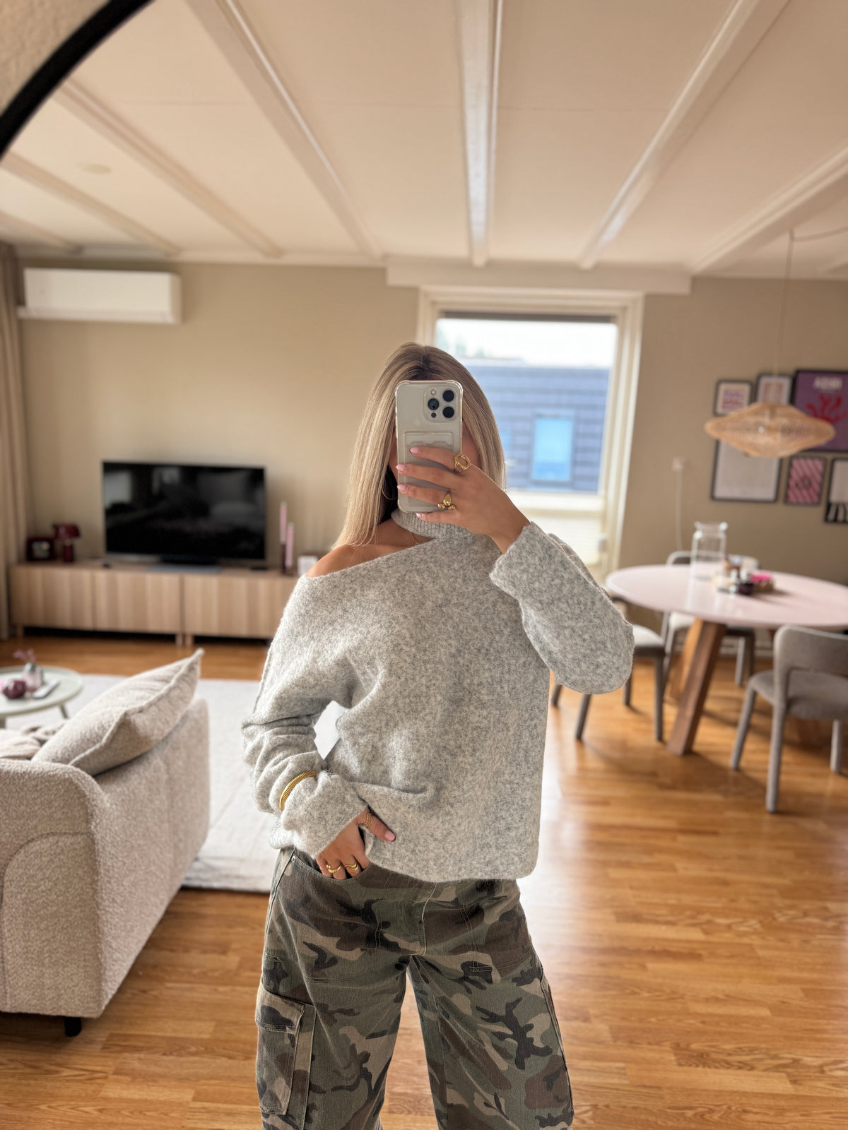 Cut out shoulder knit long - grijs