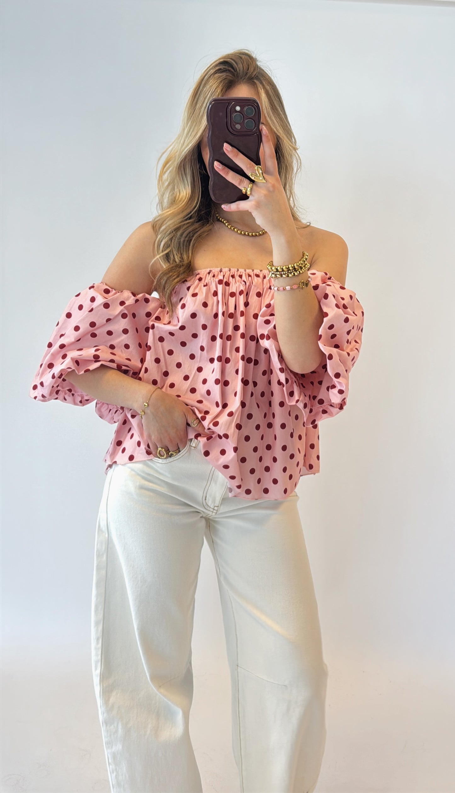 Off-shoulder polka dot top - roze