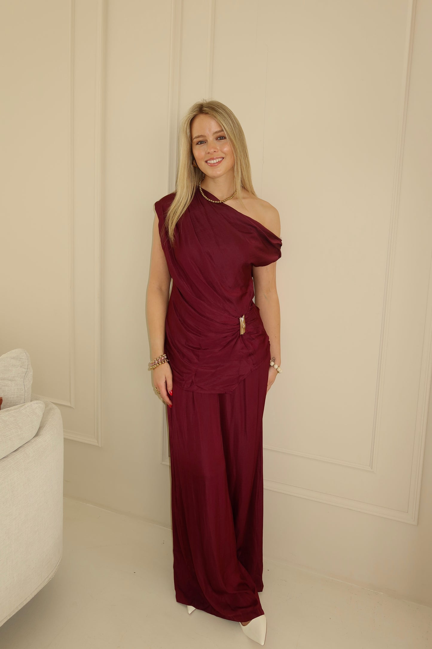 Satin draped top - burgandy