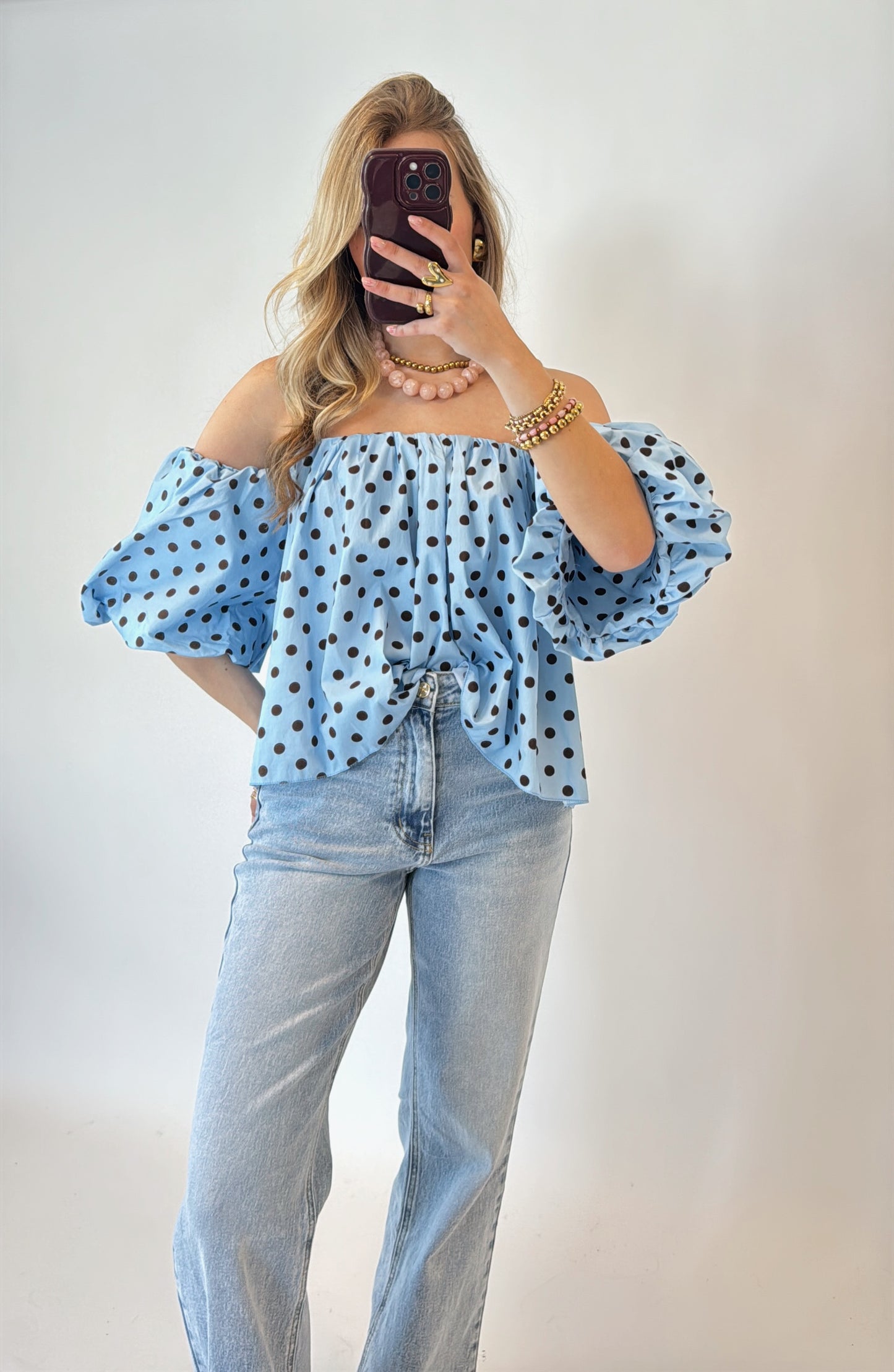 Off-shoulder polka dot top - blauw