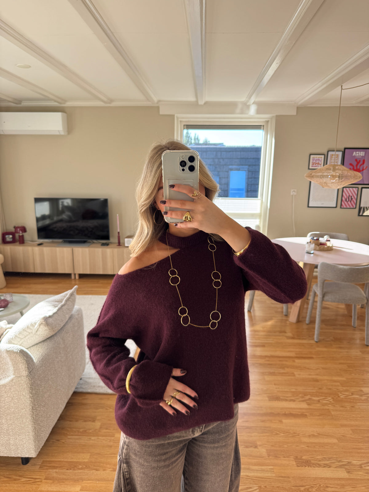 Cut off shoulder knit long - burgundy
