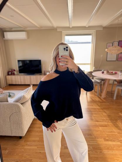 Cut out shoulder knit long - navy
