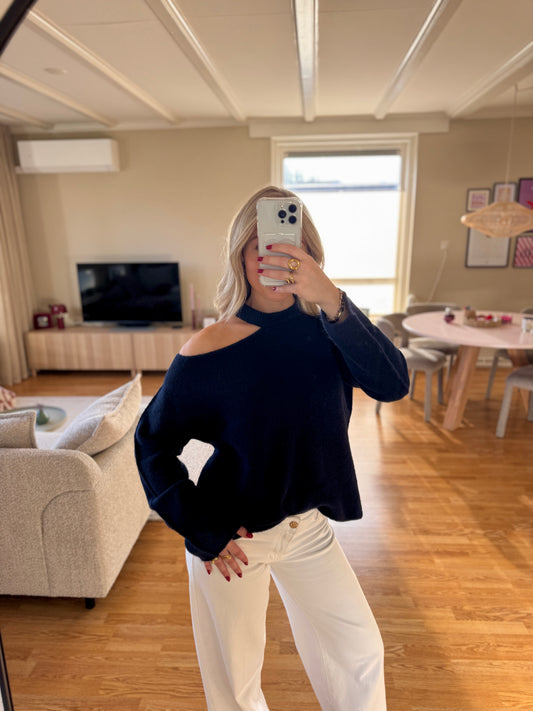 Cut out shoulder knit long - navy