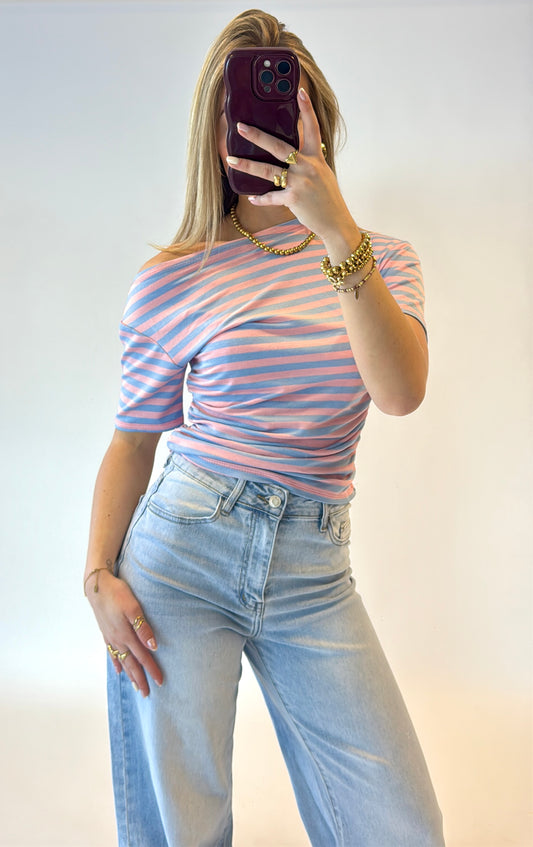 Stripe oneshoulder top - sky/pink