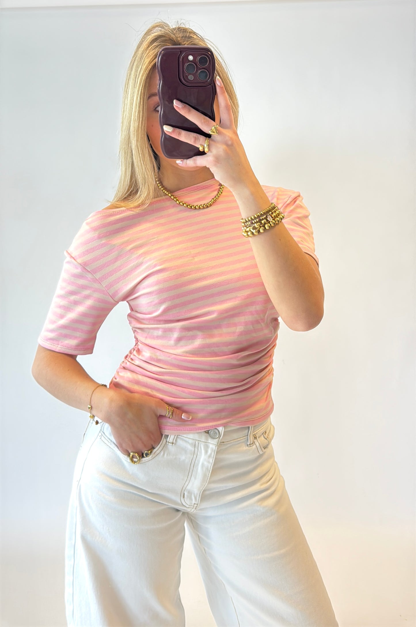 Stripe oneshoulder top - roze