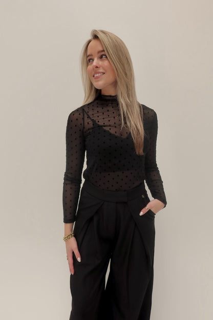 Polka dot mesh top - zwart