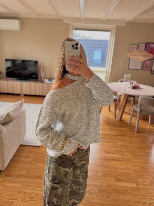 Cut out shoulder knit long - grijs