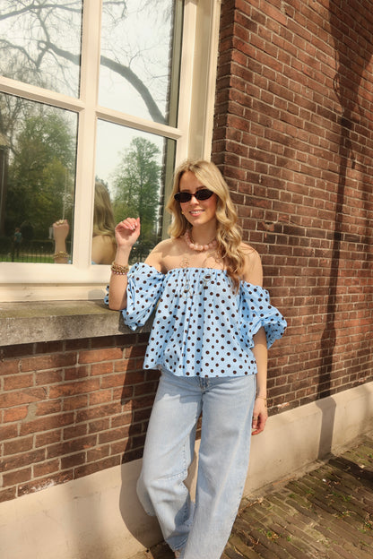 Off-shoulder polka dot top - blauw