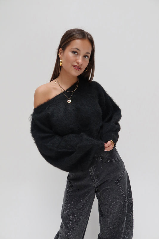 Quinty offshoulder knit - zwart