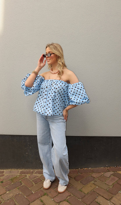 Off-shoulder polka dot top - blauw