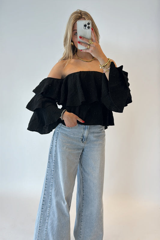 Ruffle off shoulder top - zwart
