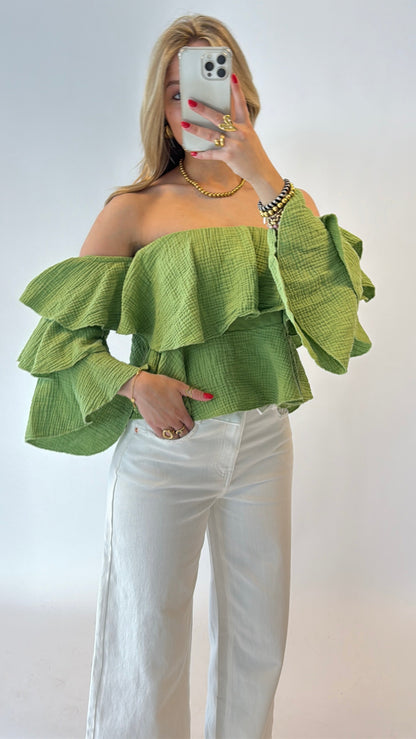 Ruffle off shoulder top - groen