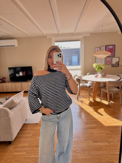 Striped cut out shoulder knit - navy
