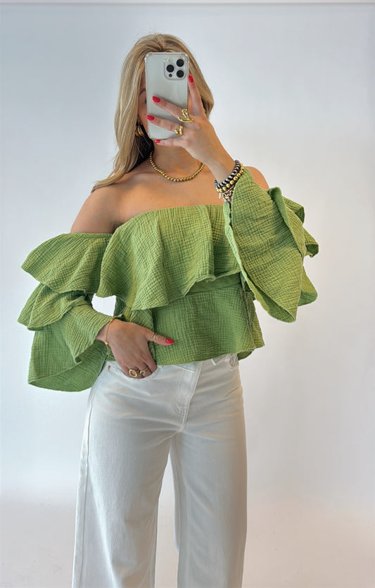 Ruffle off shoulder top - groen