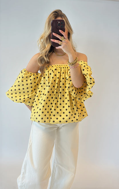 Off-shoulder polka dot top - geel