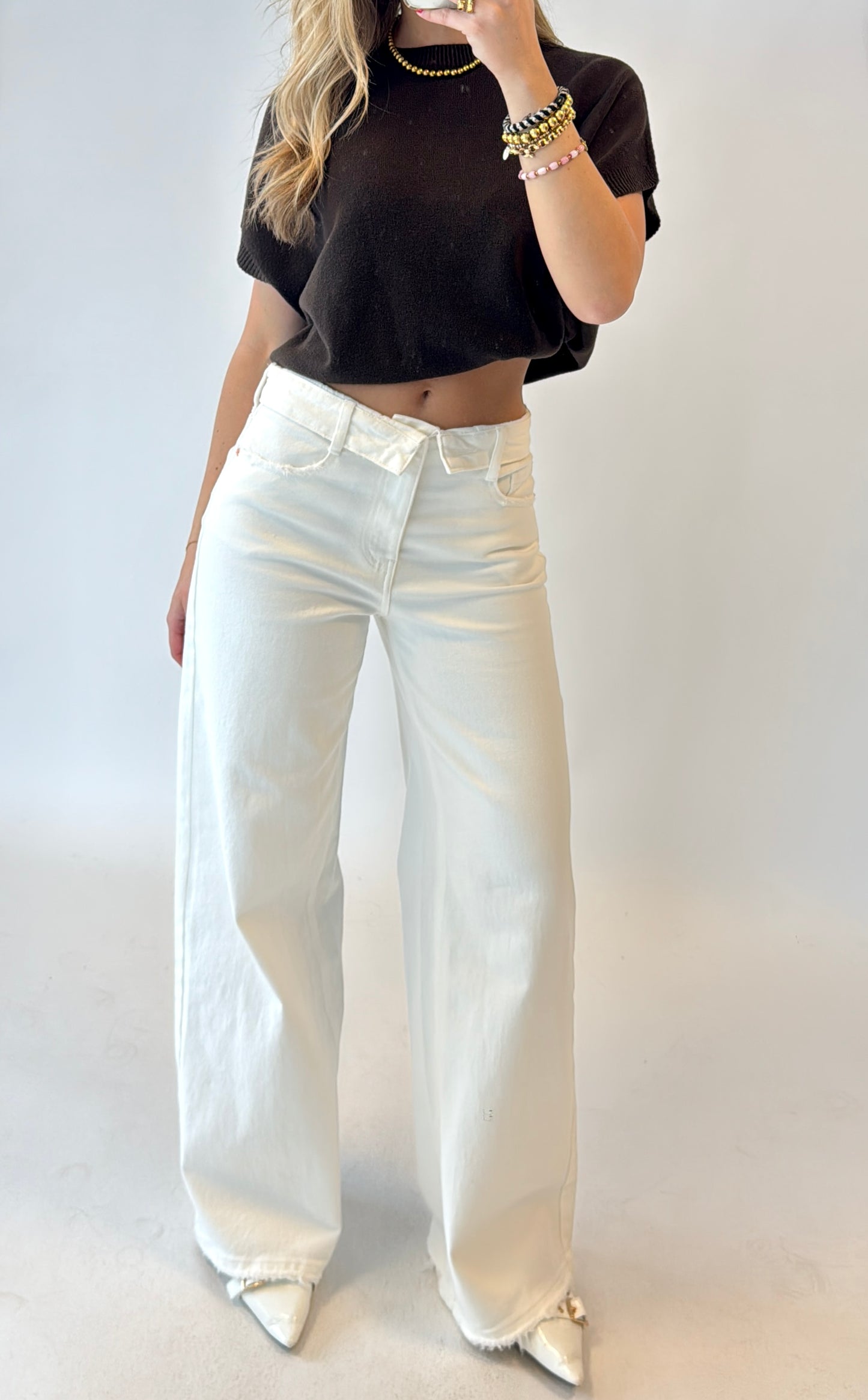 Folded wide leg jeans - offwhite