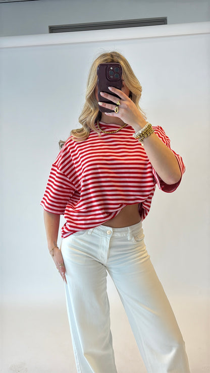 Striped shortsleeve top rood/roze