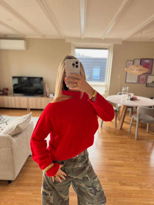 Cut out shoulder knit long- rood