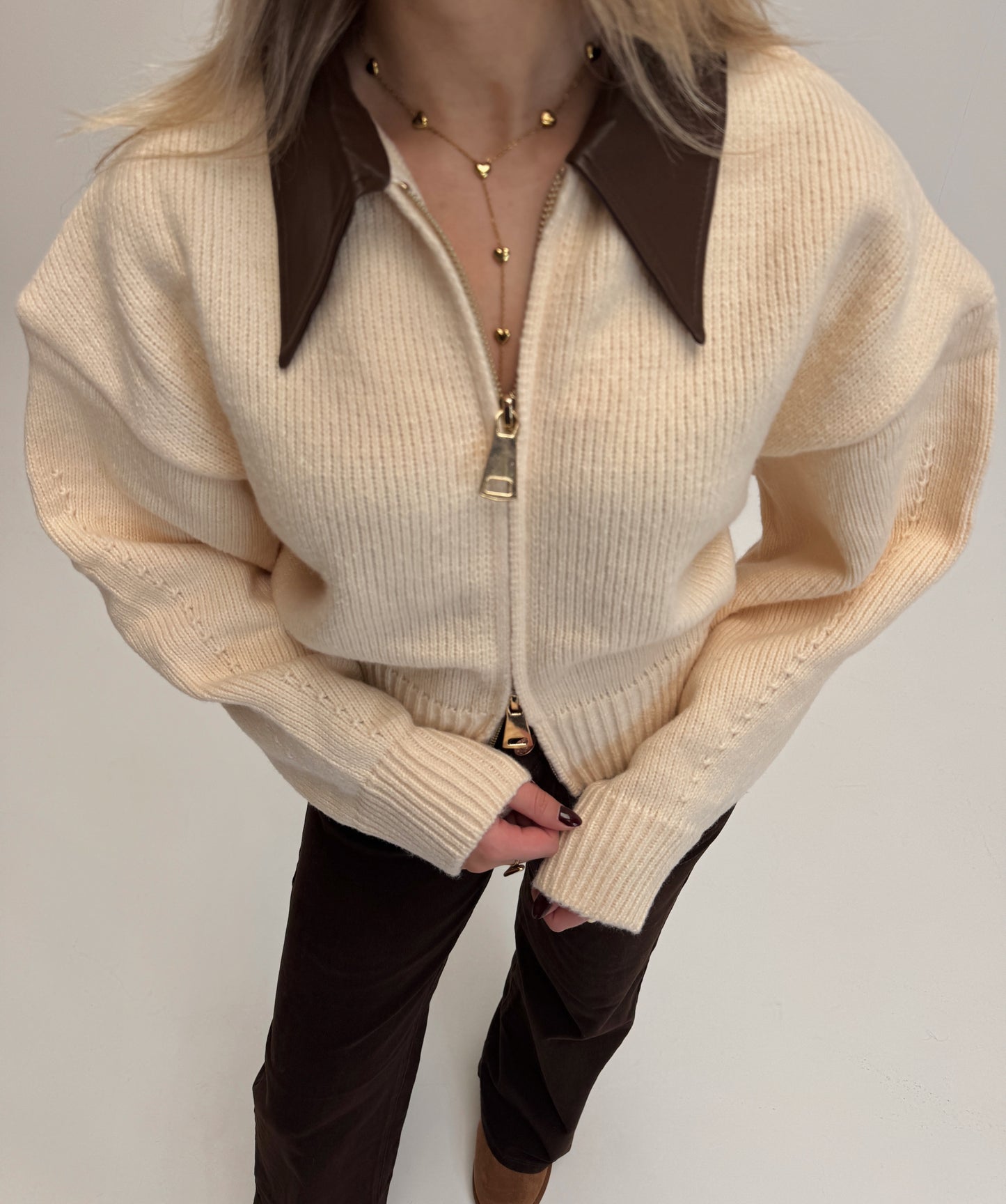 Zoey leather collar knit cardigan - creme