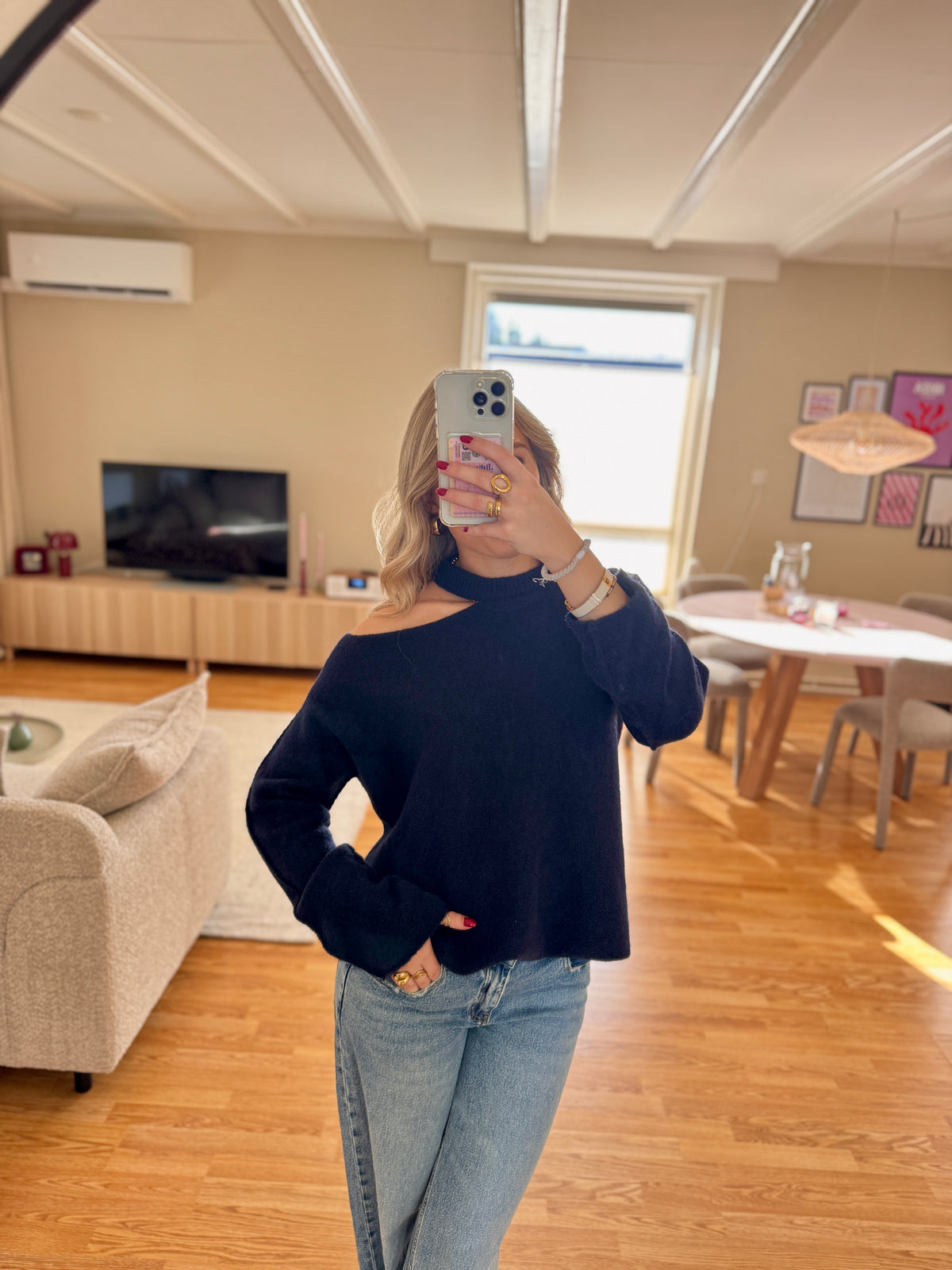 Cut out shoulder knit long - navy