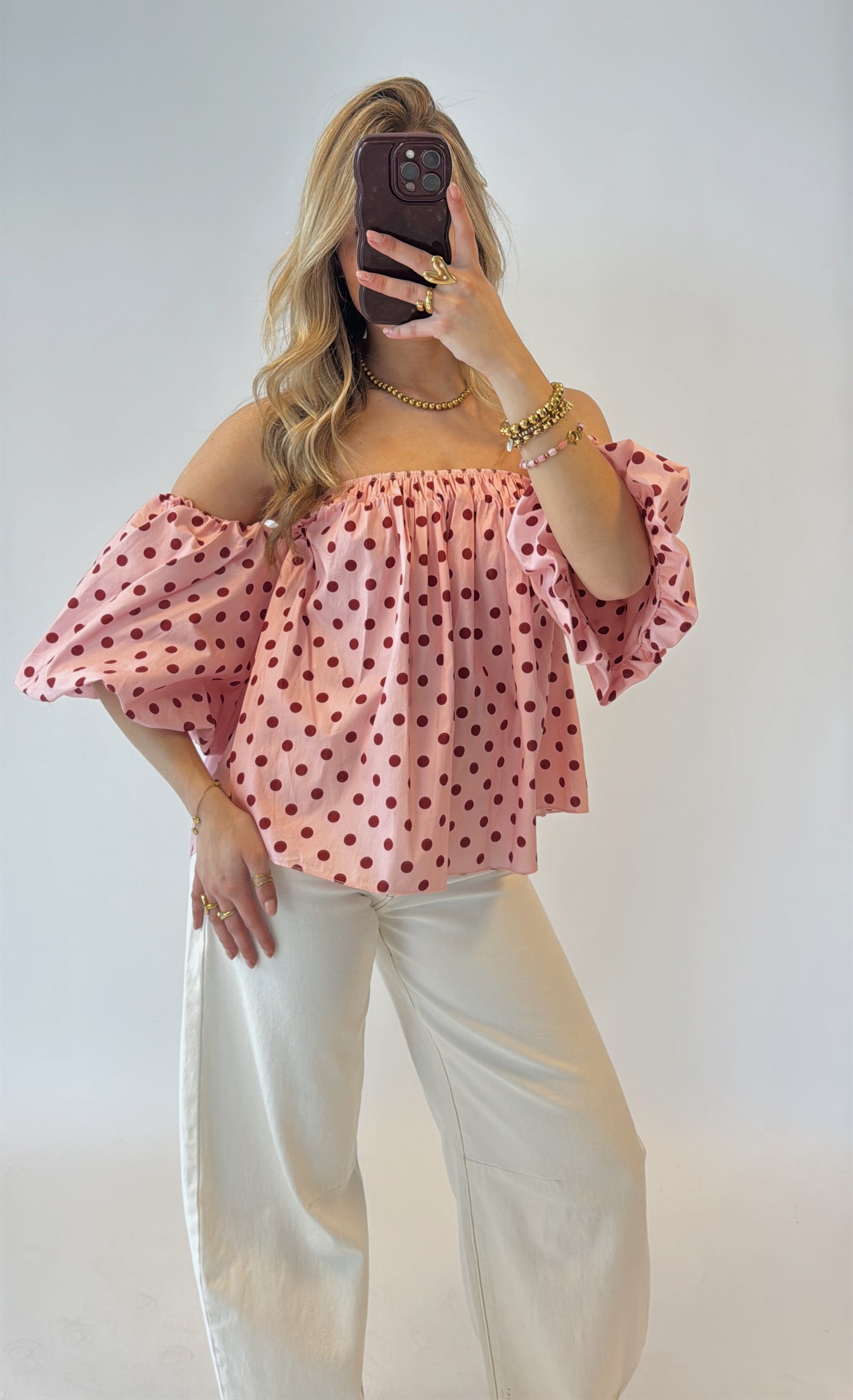 Off-shoulder polka dot top - roze