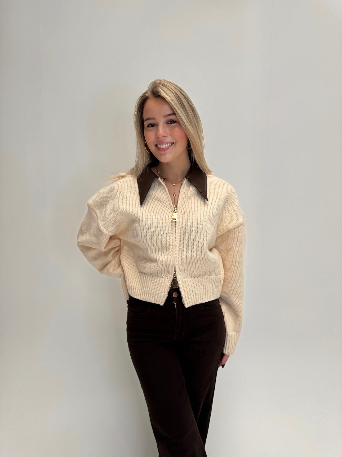 Zoey leather collar knit cardigan - creme