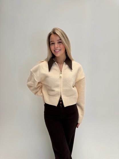 Zoey leather collar knit cardigan - creme