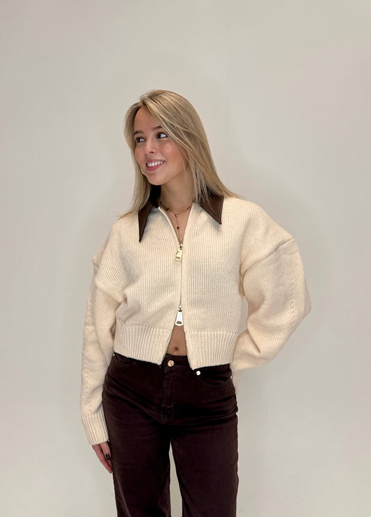 Zoey leather collar knit cardigan - creme