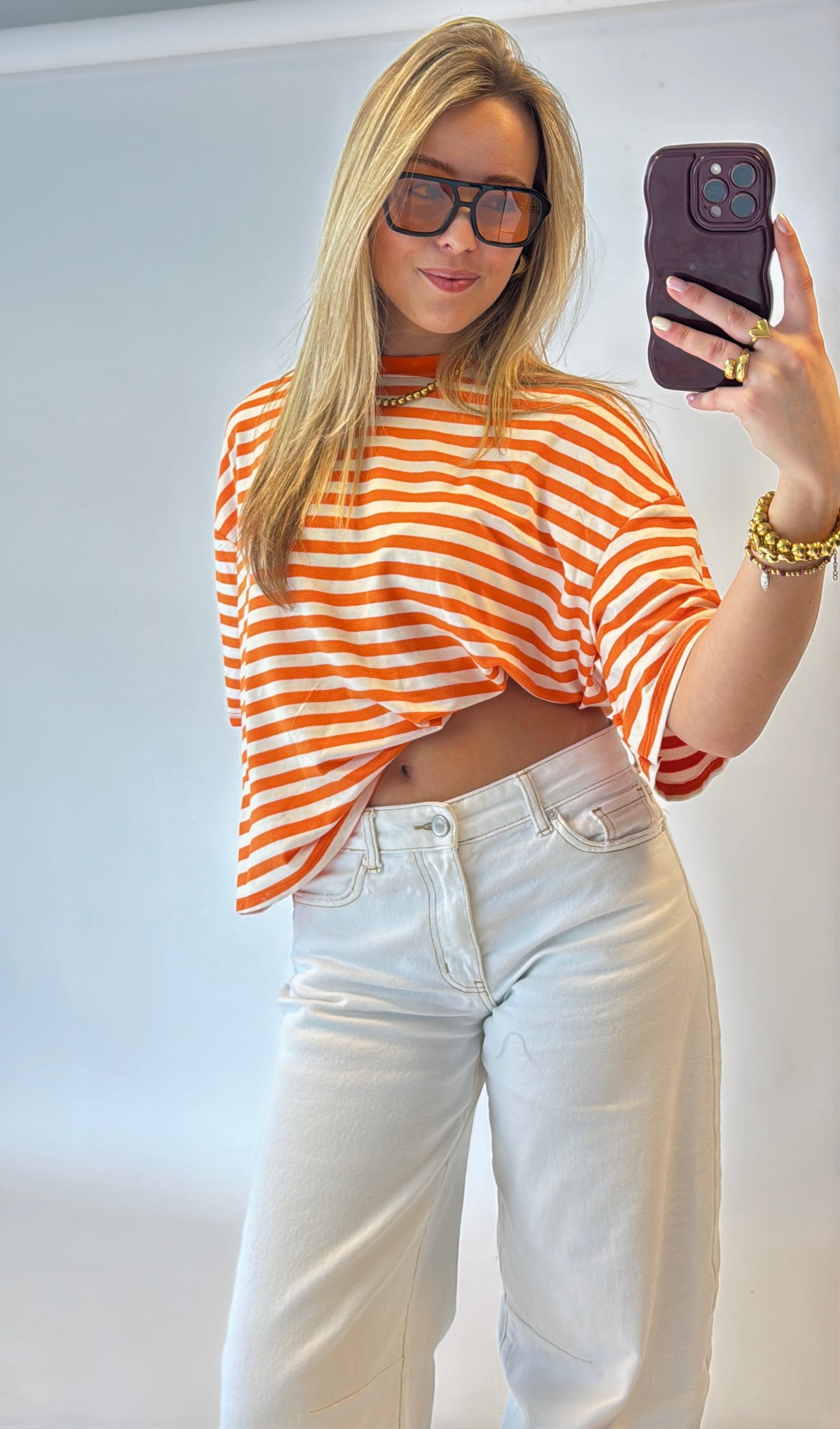 Striped shortsleeve top - oranje