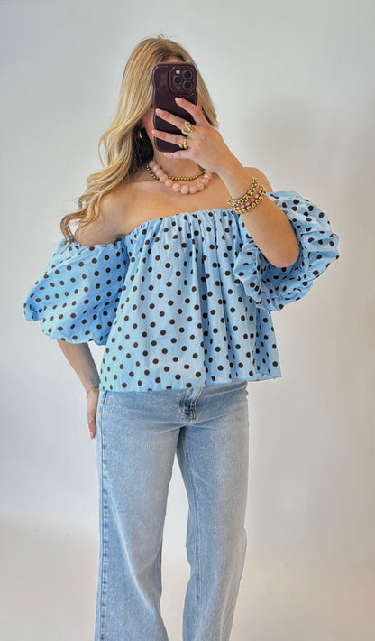 Off-shoulder polka dot top - blauw