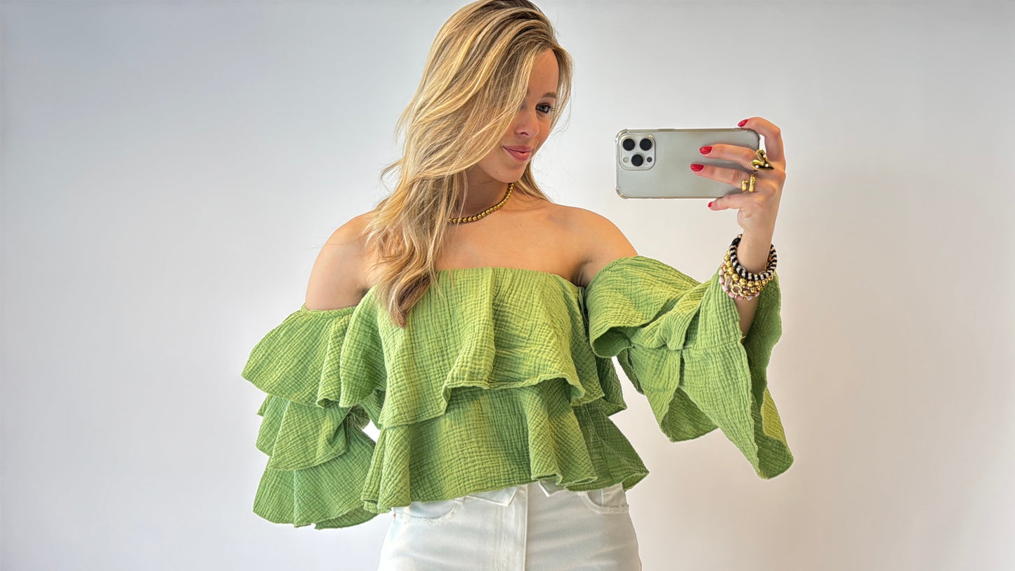 Ruffle off shoulder top - groen