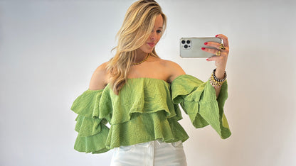 Ruffle off shoulder top - groen