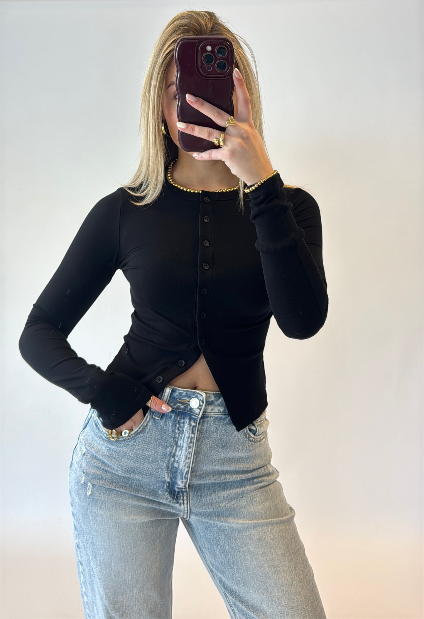 Molly button top - zwart