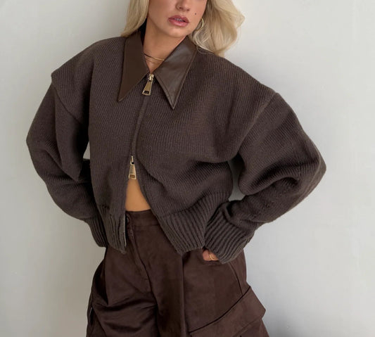 Zoey leather collar knit cardigan - bruin