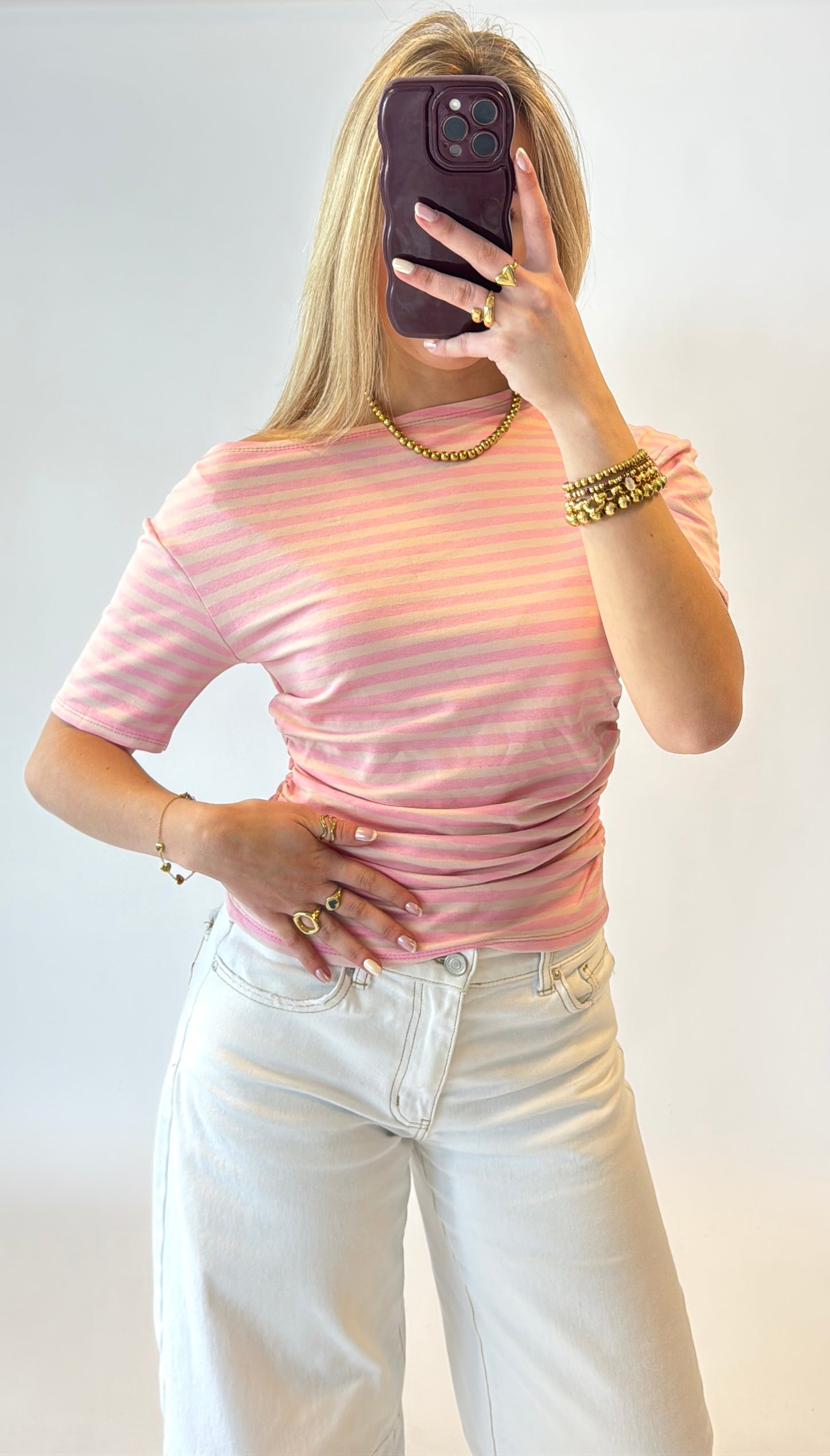 Stripe oneshoulder top - roze