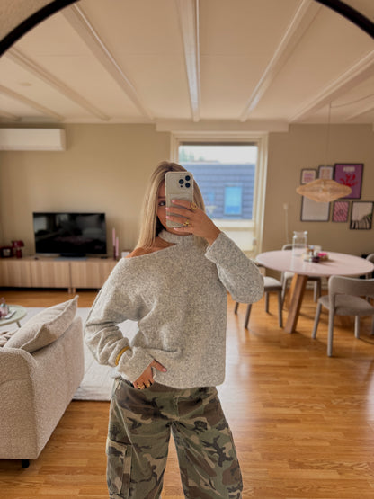 Cut out shoulder knit long - grijs