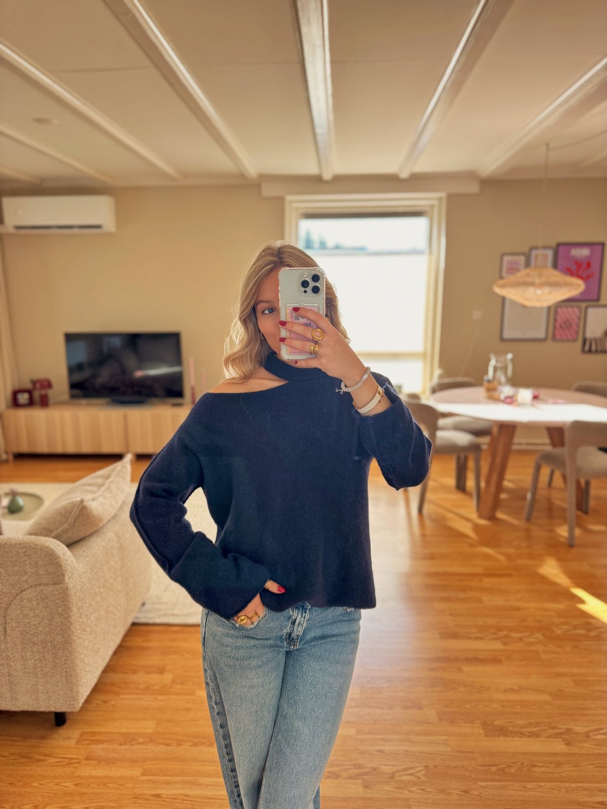 Cut out shoulder knit long - navy