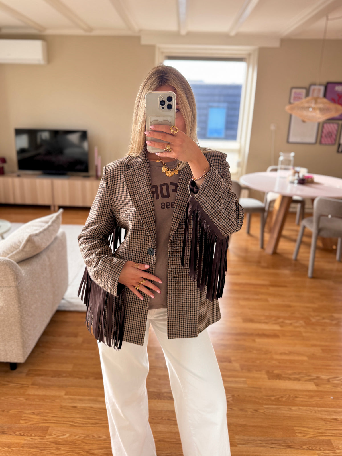 Fringe checkered blazer - taupe