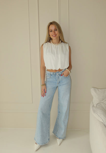 Folded wide leg jeans - blauw