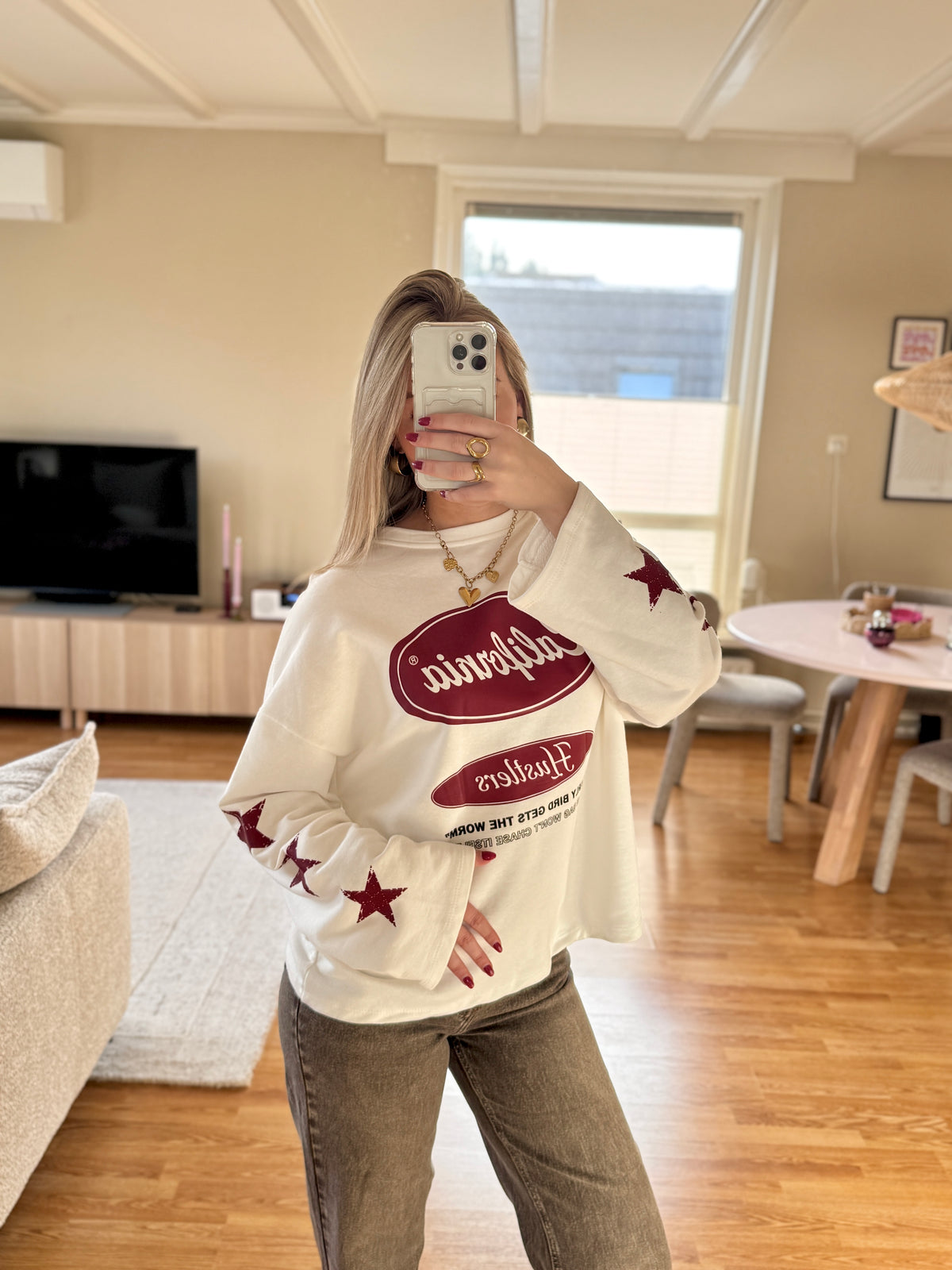 California longsleeved top wit/bordeaux