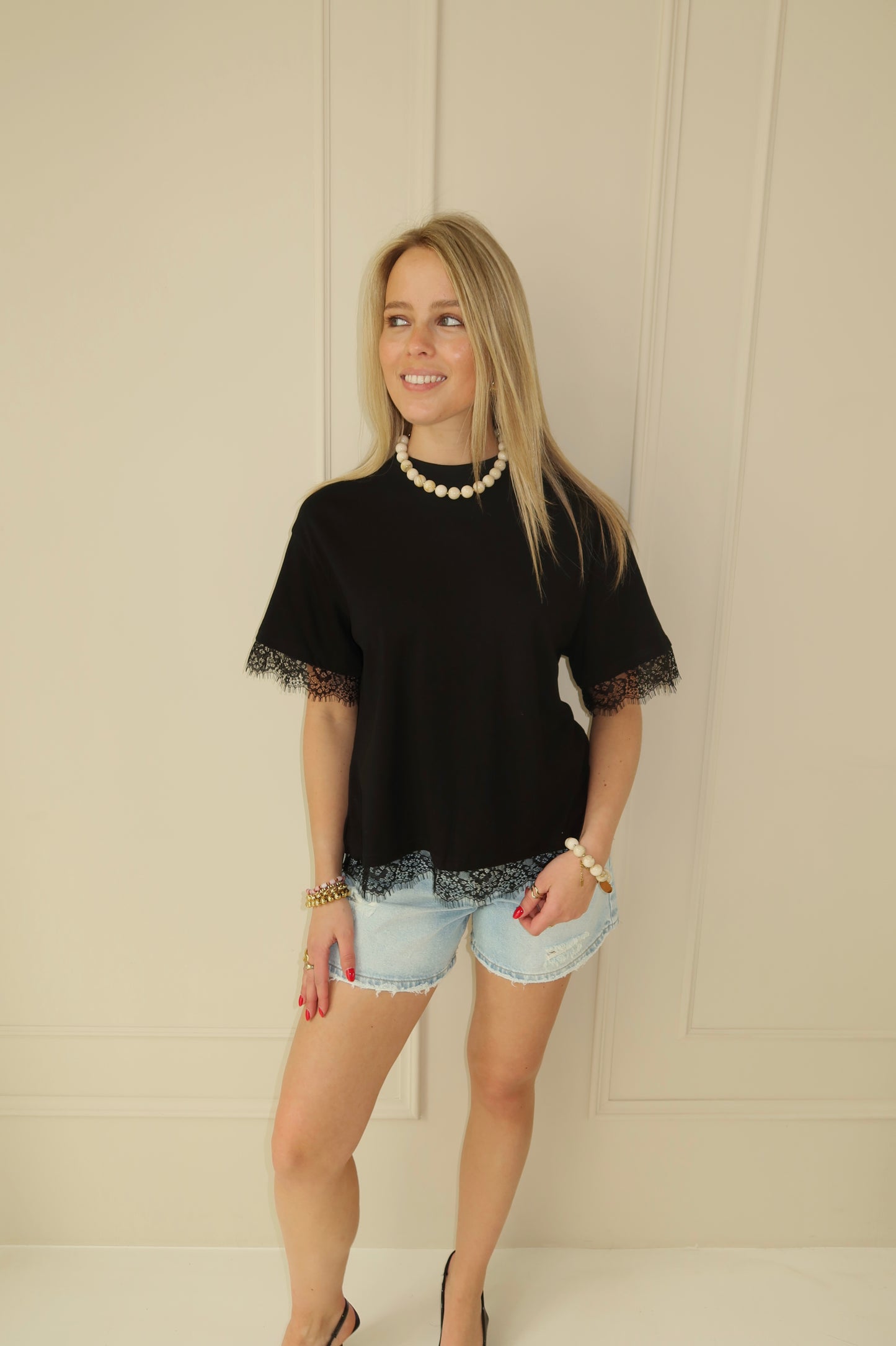 Lace detail shirt - zwart