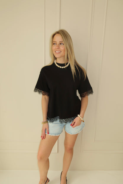 Lace detail shirt - zwart