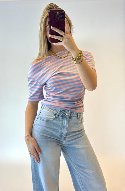 Stripe oneshoulder top - sky/pink
