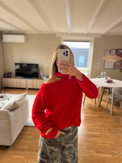 Cut out shoulder knit long- rood