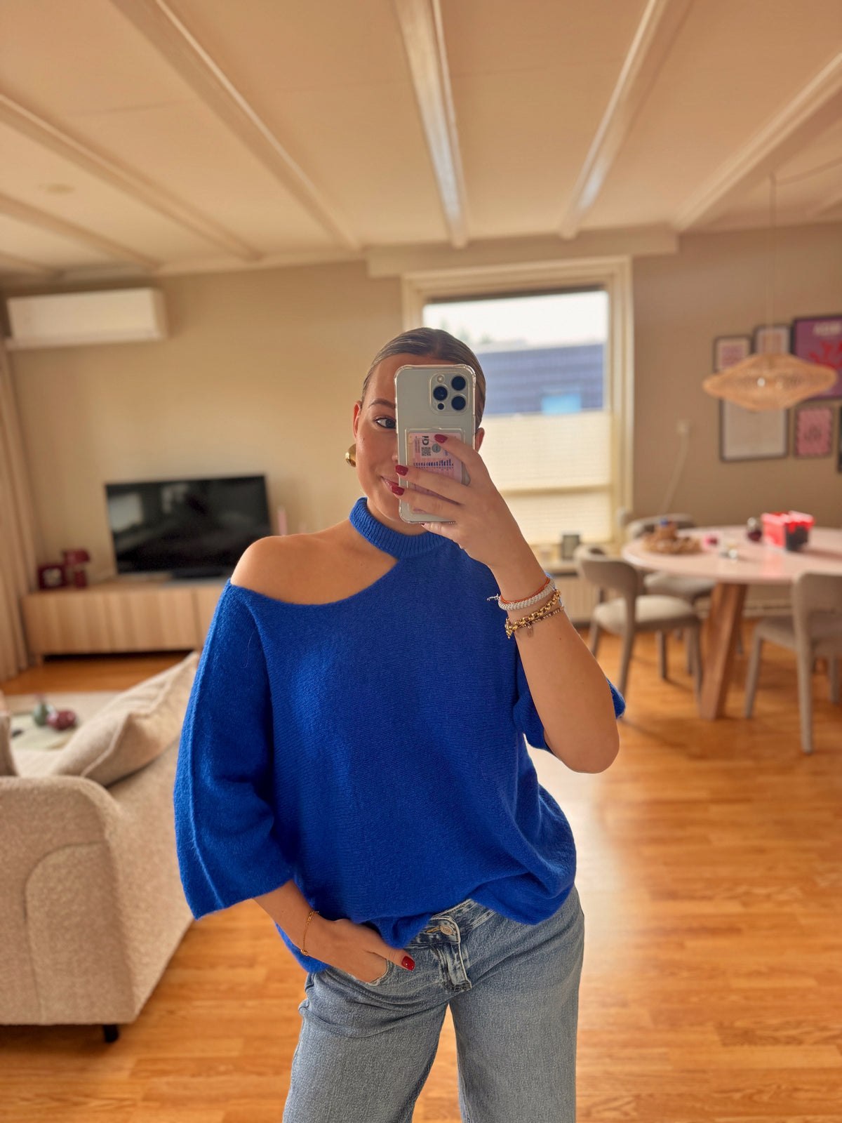 Cut out shoulder knit - cobalt blauw