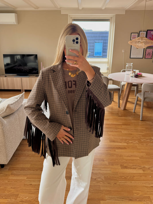 Fringe checkered blazer - taupe
