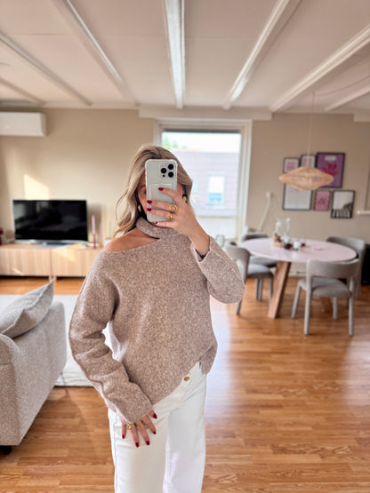 Cut out shoulder knit long - taupe