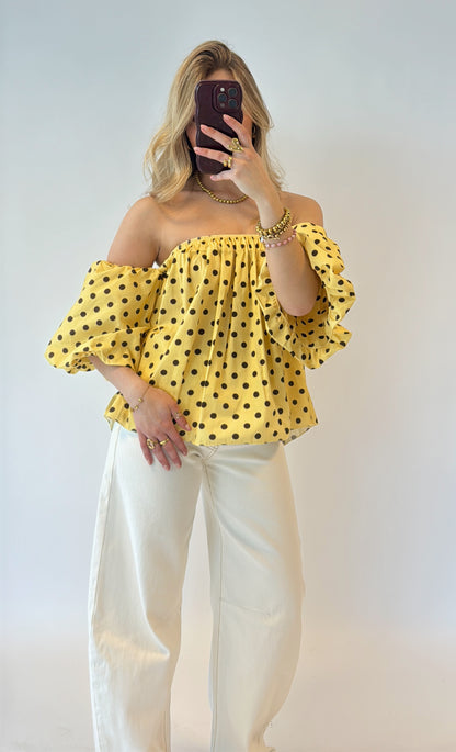 Off-shoulder polka dot top - geel