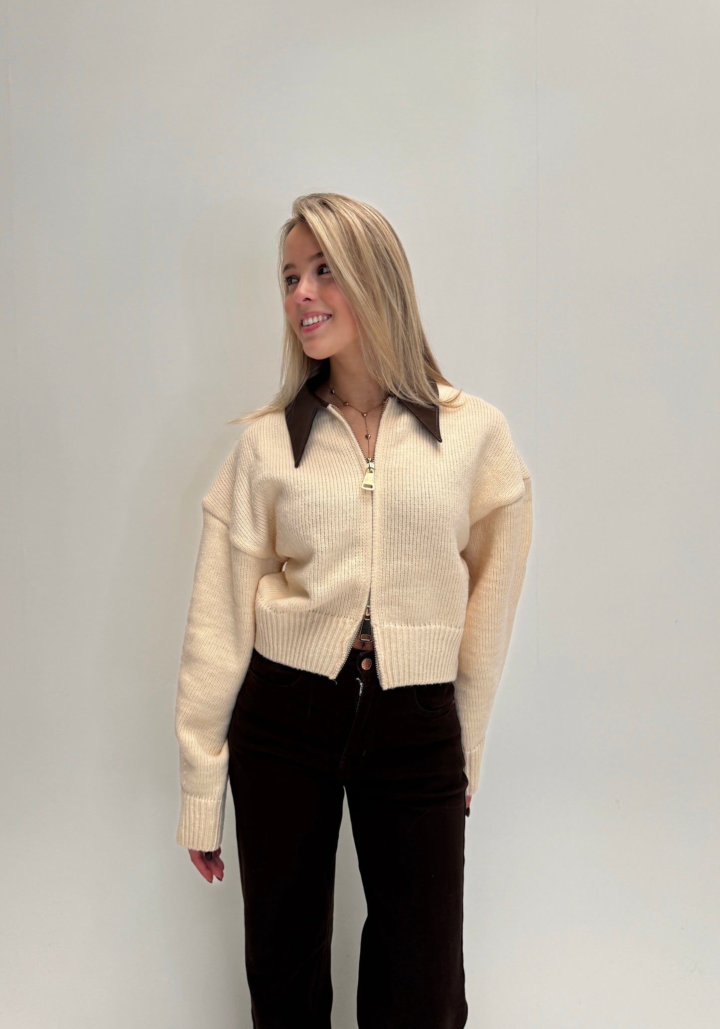 Zoey leather collar knit cardigan - creme