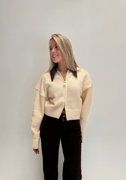 Zoey leather collar knit cardigan - creme